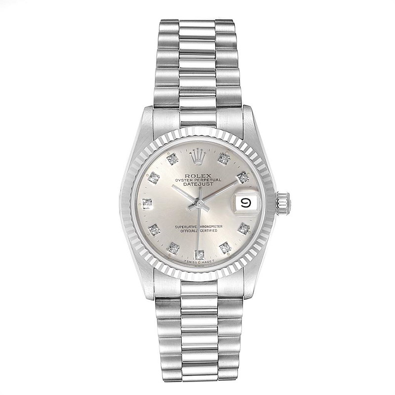 Rolex President Datejust Midsize White Gold Diamond Ladies Watch 68279 ...