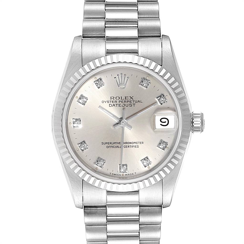 This image shows a front view of the Rolex President 68279 Women's White Gold Silver Dial 68279 Women's White Gold Silver Dial model watch, displaying the face, bezel, and part of the bracelet.