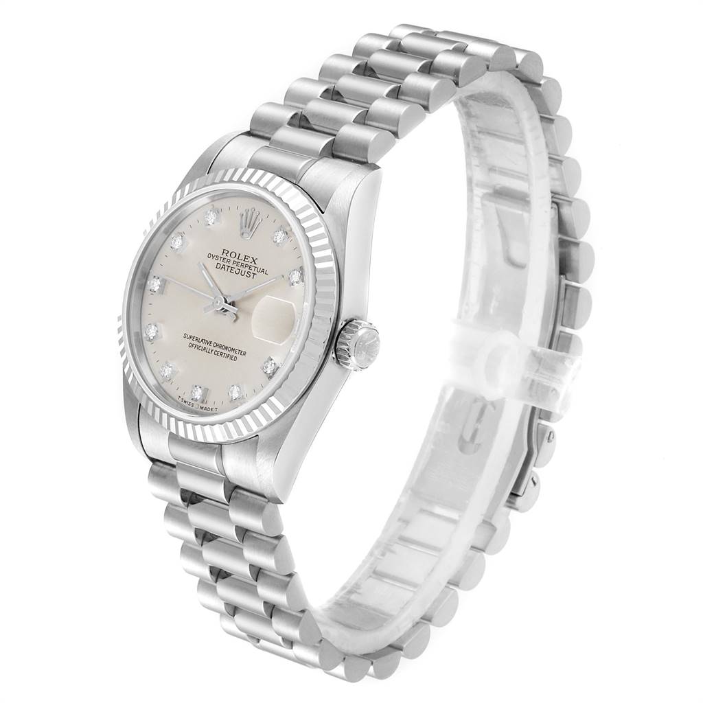 The Rolex President 68279 Women's White Gold Silver Dial 68279 Women's White Gold Silver Dial model is shown at a three-quarter angle, displaying the face, fluted bezel, and bracelet.