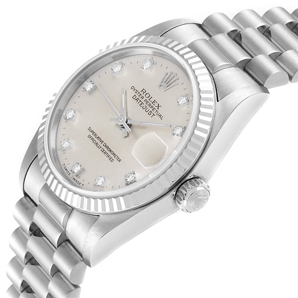 The image shows a side angle of the Rolex President 68279 Women's White Gold Silver Dial 68279 Women's White Gold Silver Dial model watch, highlighting the bezel, crown, dial, and bracelet.