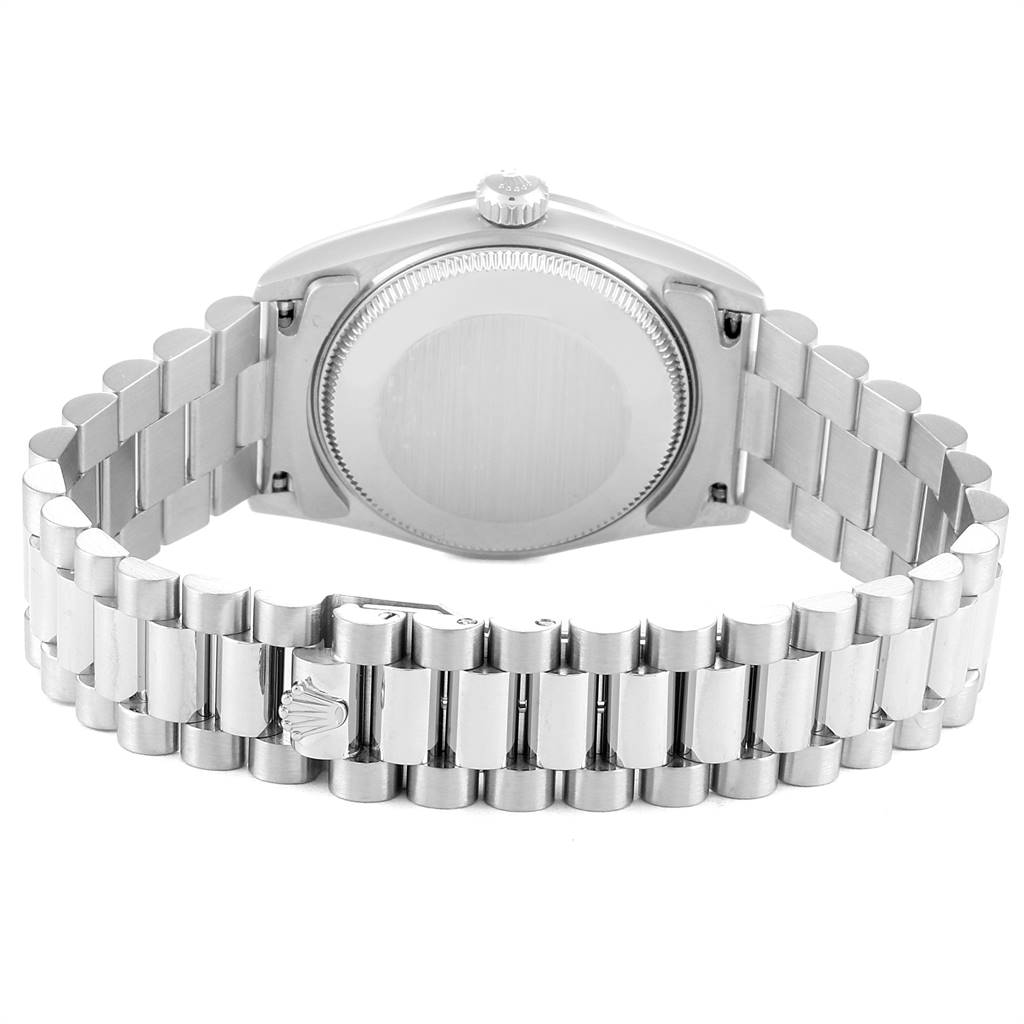 The image shows the backside, clasp, and bracelet of a Rolex President 68279 Women's White Gold Silver Dial 68279 Women's White Gold Silver Dial model watch from a rear angle.