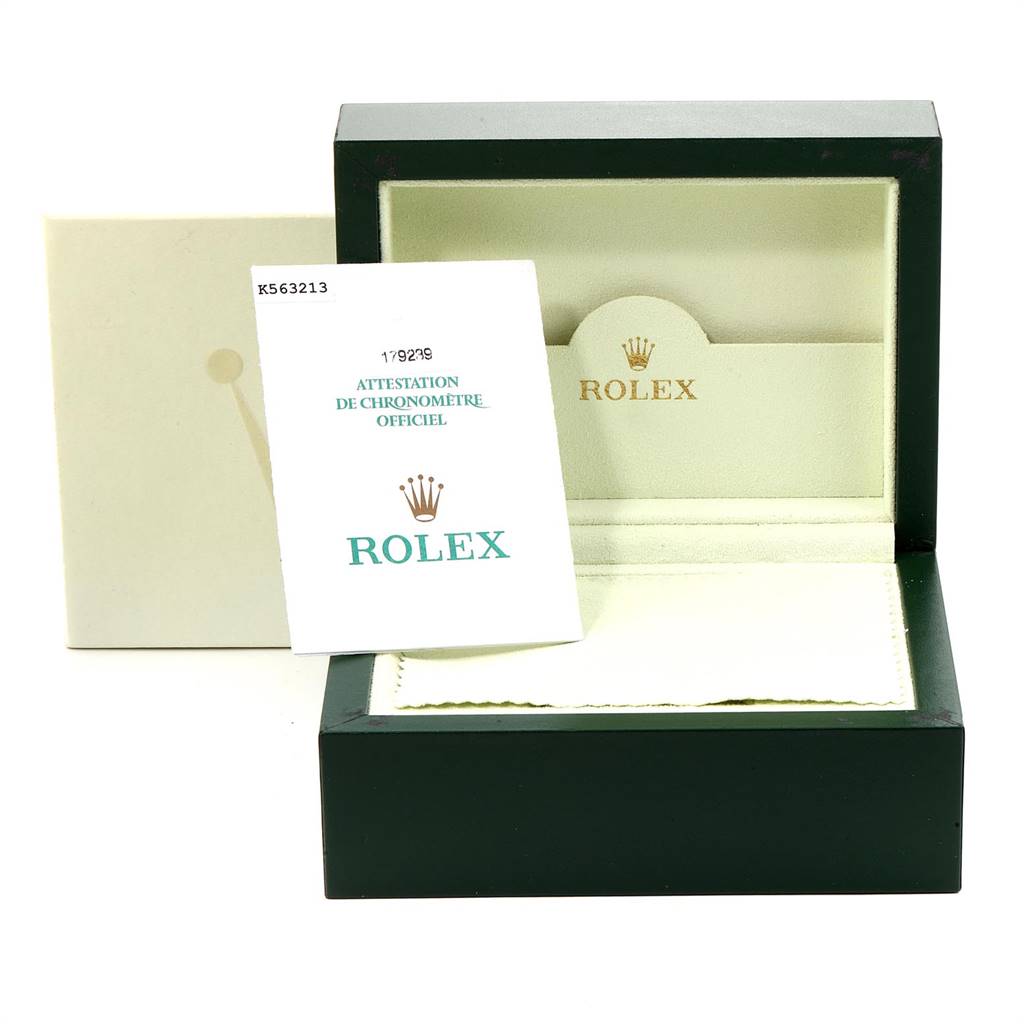 The image shows the open box, inner cushion, and certification for the Rolex President 179239 Women's White Gold Silver Dial 179239 Women's White Gold Silver Dial model watch.