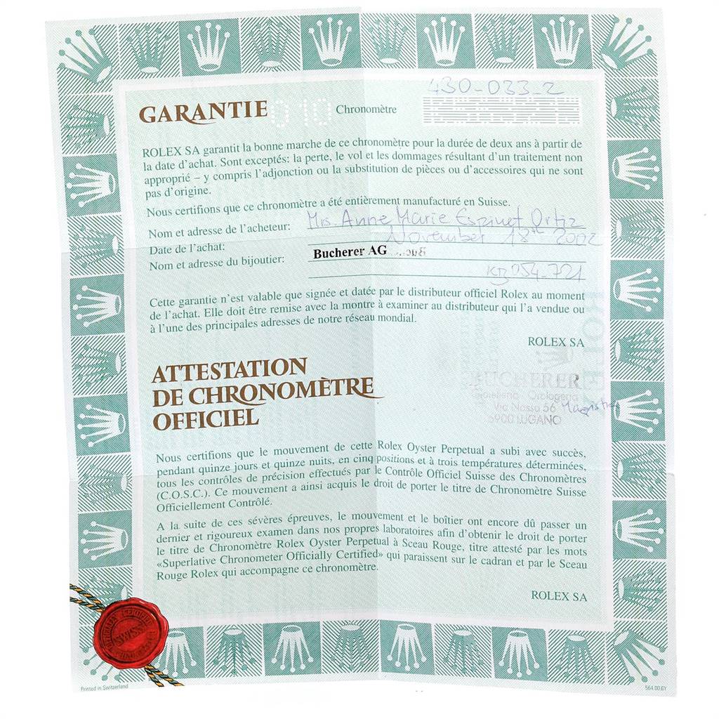 The image shows a warranty certificate for the Rolex President 179239 Women's White Gold Silver Dial 179239 Women's White Gold Silver Dial model watch, featuring details like purchase date and retailer.