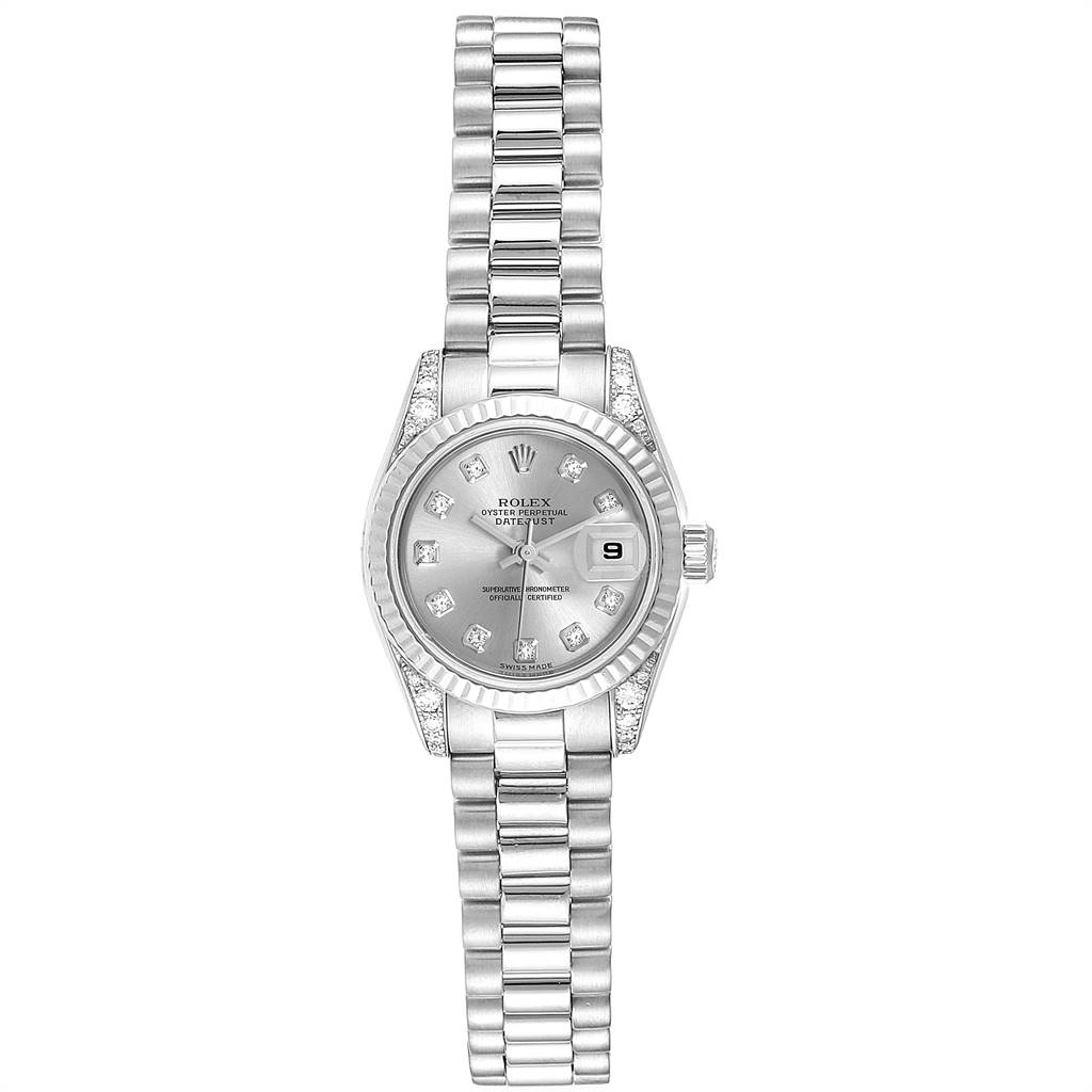 This Rolex President 179239 Women's White Gold Silver Dial 179239 Women's White Gold Silver Dial model watch is shown from the front, featuring its face, bezel, crown, and bracelet.