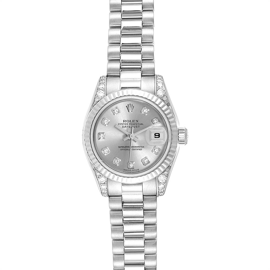 The image shows a front view of a Rolex President 179239 Women's White Gold Silver Dial 179239 Women's White Gold Silver Dial model watch, highlighting the dial, bezel, bracelet, and date display.