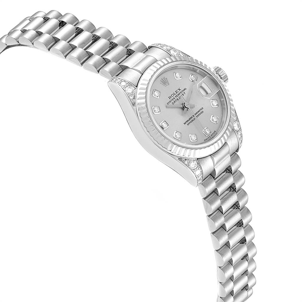 The image shows a Rolex President 179239 Women's White Gold Silver Dial 179239 Women's White Gold Silver Dial model watch at a slight angle, highlighting its face, band, and side profile.