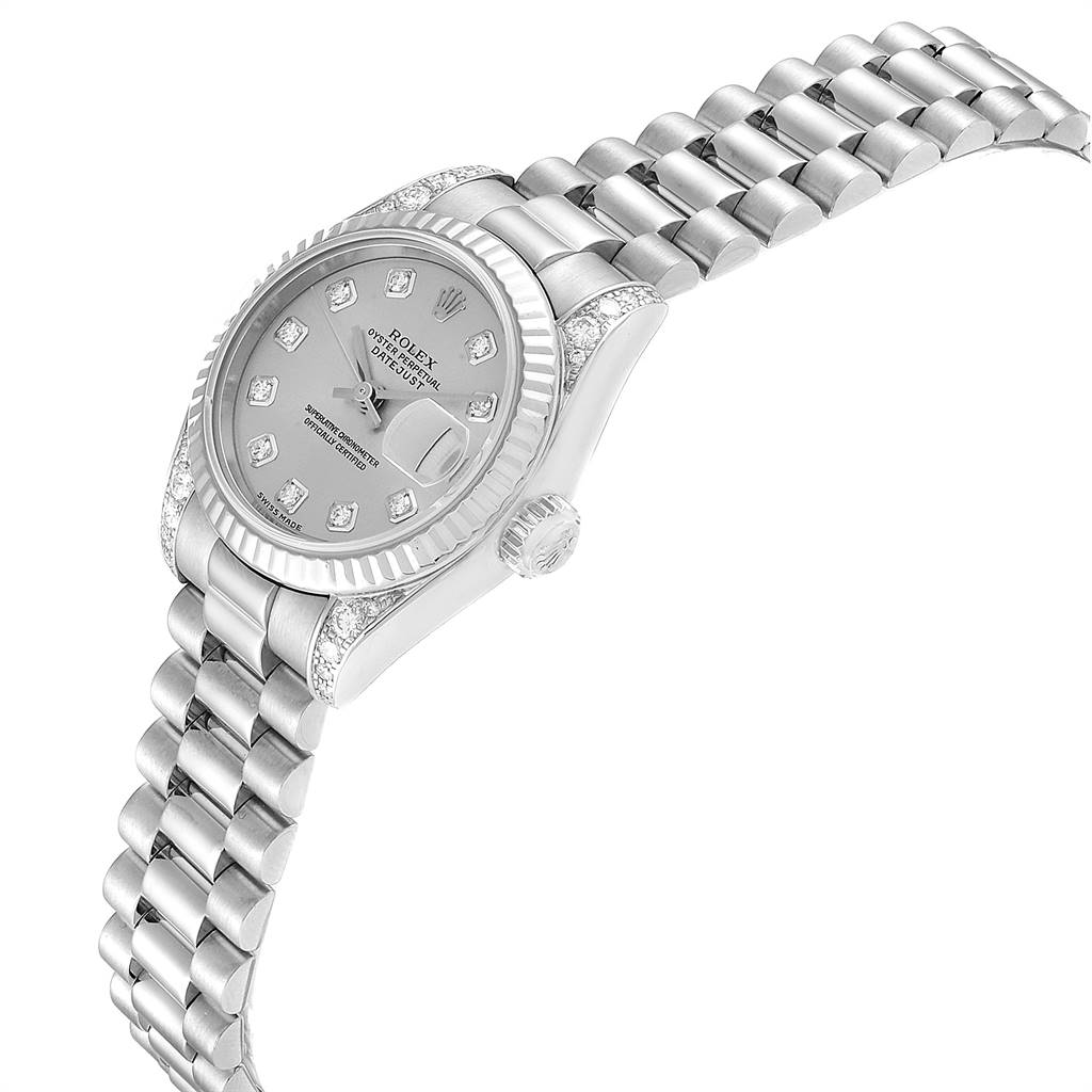 The image shows a side and partial top view of a Rolex President 179239 Women's White Gold Silver Dial 179239 Women's White Gold Silver Dial model, highlighting its dial, bezel, and bracelet.