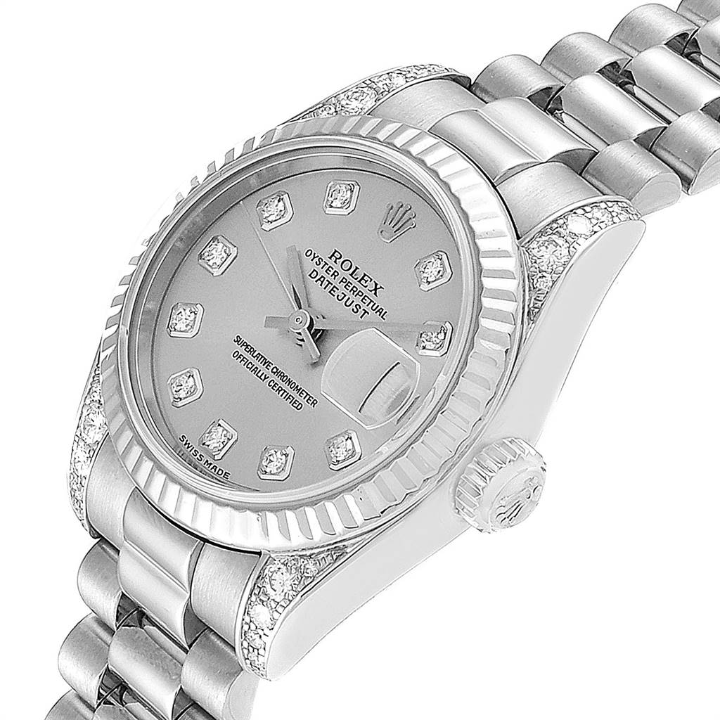 This image shows a close-up of the Rolex President 179239 Women's White Gold Silver Dial 179239 Women's White Gold Silver Dial model watch, highlighting its dial, bezel, and part of the bracelet in an angled view.