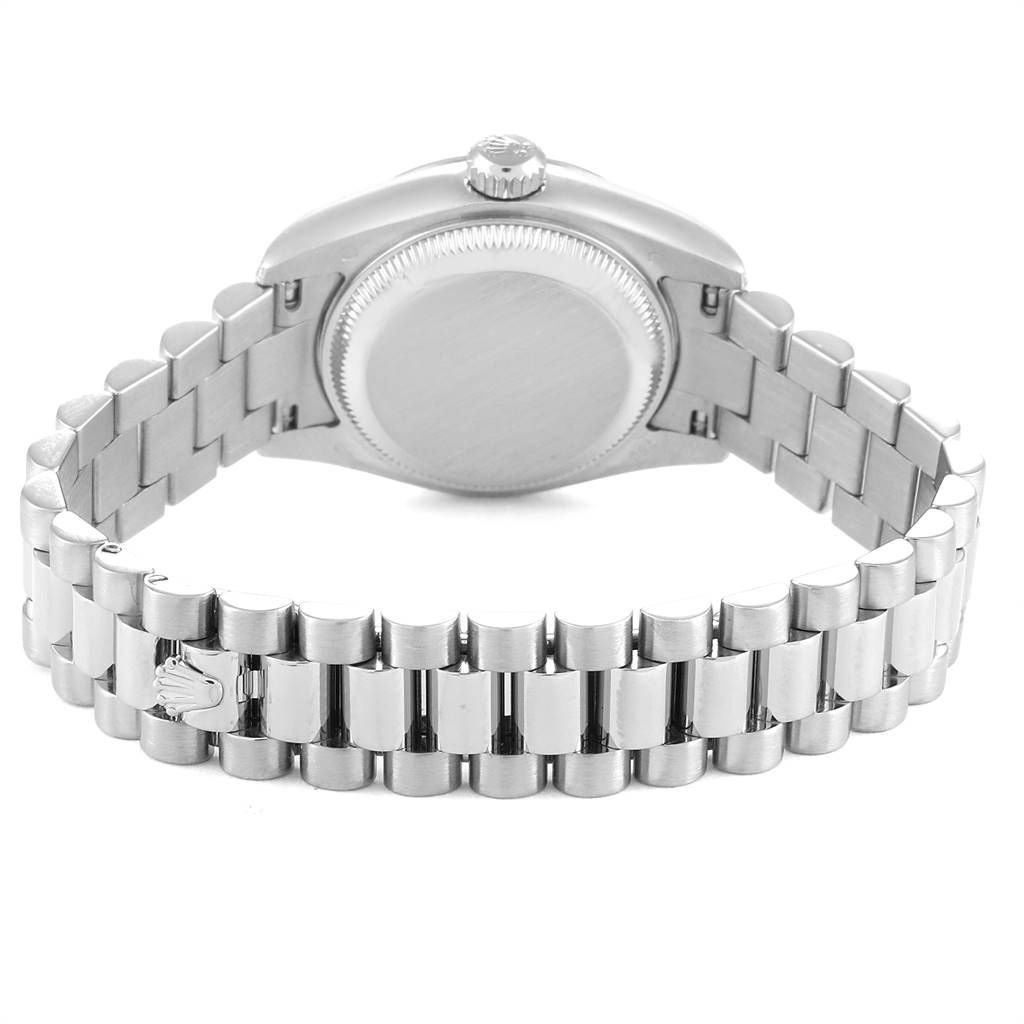 The image shows the back view of a Rolex President 179239 Women's White Gold Silver Dial 179239 Women's White Gold Silver Dial model watch, highlighting its bracelet and case back.