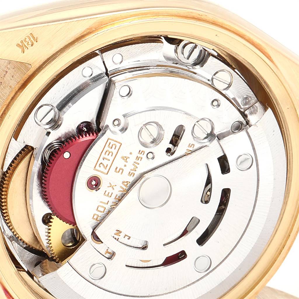 The image shows a close-up view of the movement mechanism inside a Rolex President 69178 Women's Yellow Gold Silver Dial 69178 Women's Yellow Gold Silver Dial model watch.