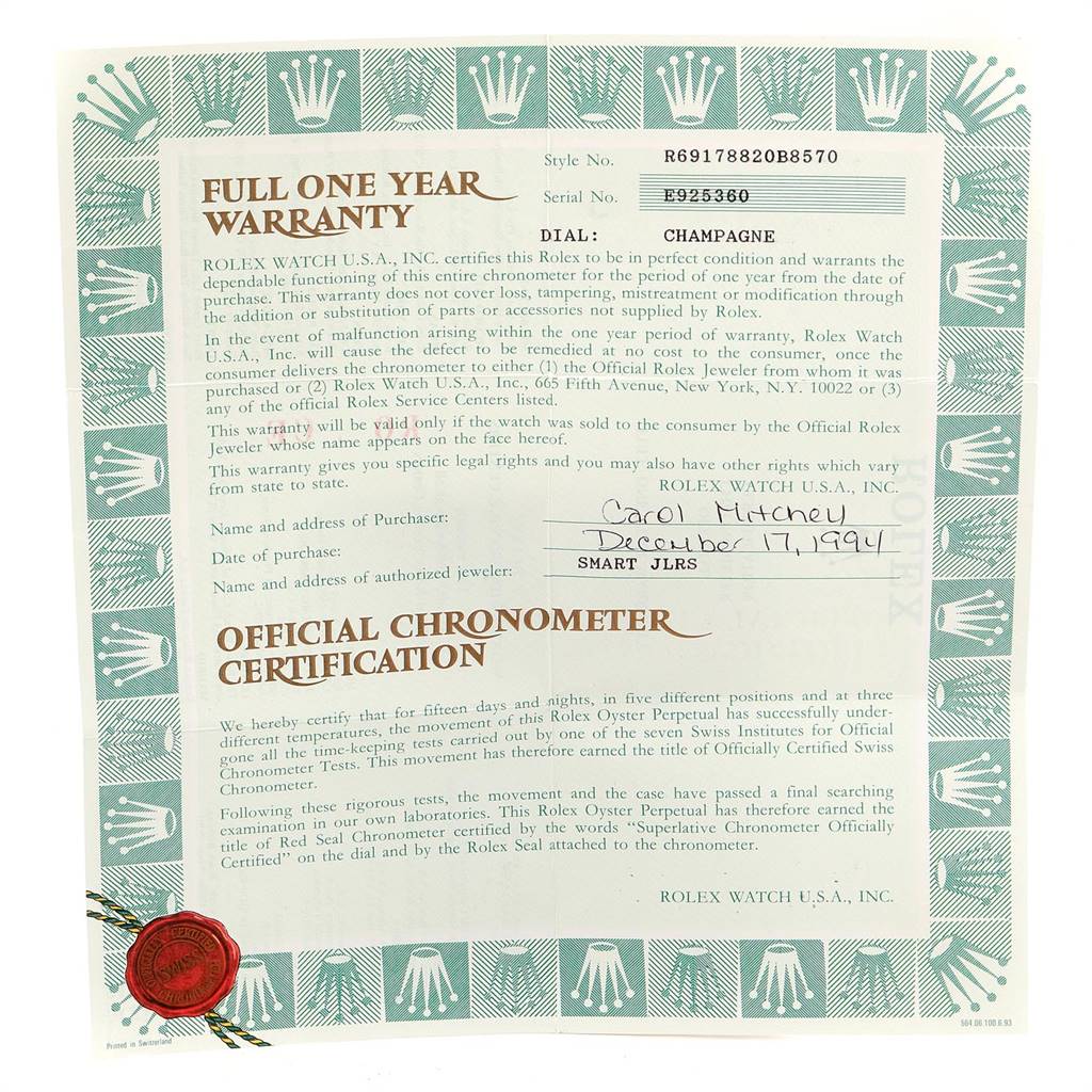 The image shows a warranty and certification document for a Rolex President 69178 Women's Yellow Gold Silver Dial 69178 Women's Yellow Gold Silver Dial model watch.
