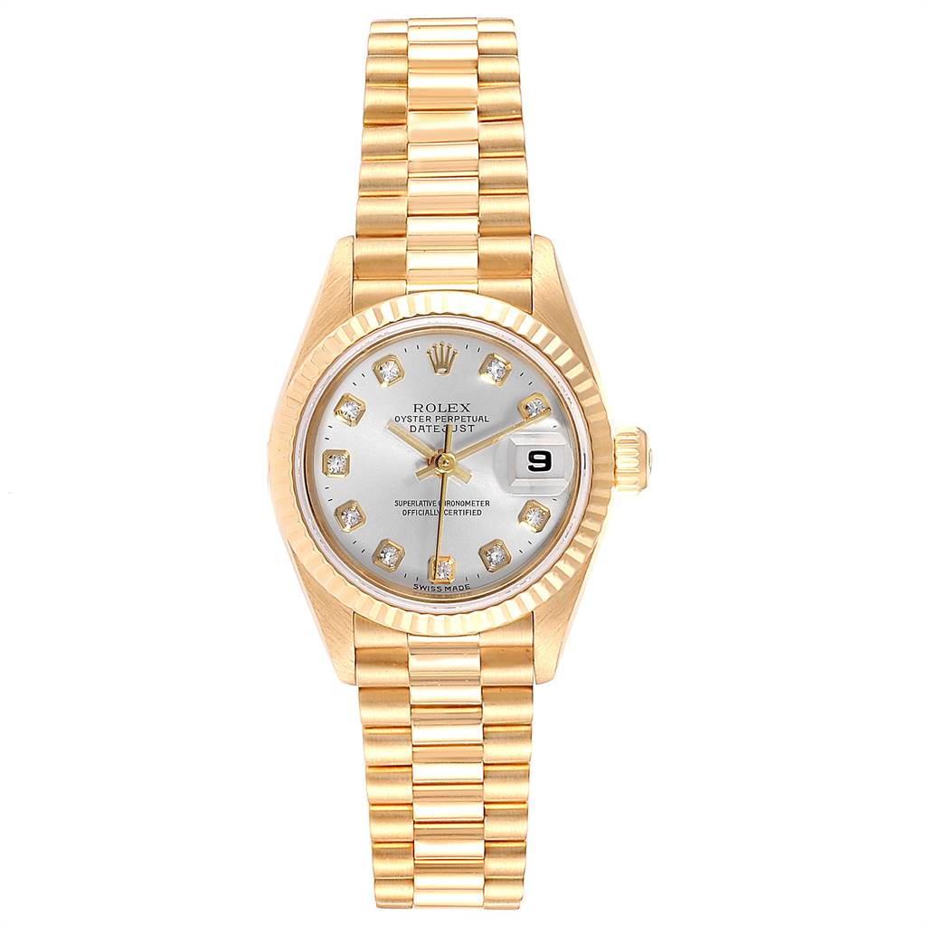 This image shows a front view of a Rolex President 69178 Women's Yellow Gold Silver Dial 69178 Women's Yellow Gold Silver Dial model, featuring the watch face, bezel, and bracelet.