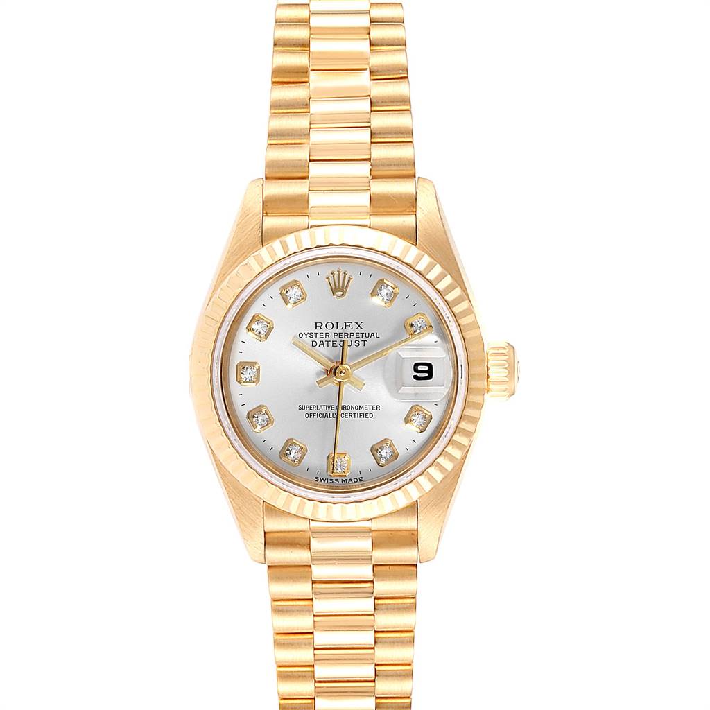 The image shows a front view of the Rolex President 69178 Women's Yellow Gold Silver Dial 69178 Women's Yellow Gold Silver Dial Datejust watch, highlighting its dial, bezel, bracelet, and crown.