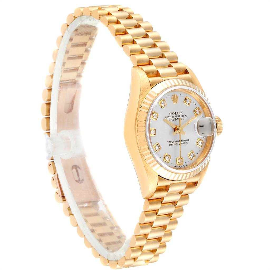 This image shows a side angle of a Rolex President 69178 Women's Yellow Gold Silver Dial 69178 Women's Yellow Gold Silver Dial model watch, highlighting the strap, case, and dial.