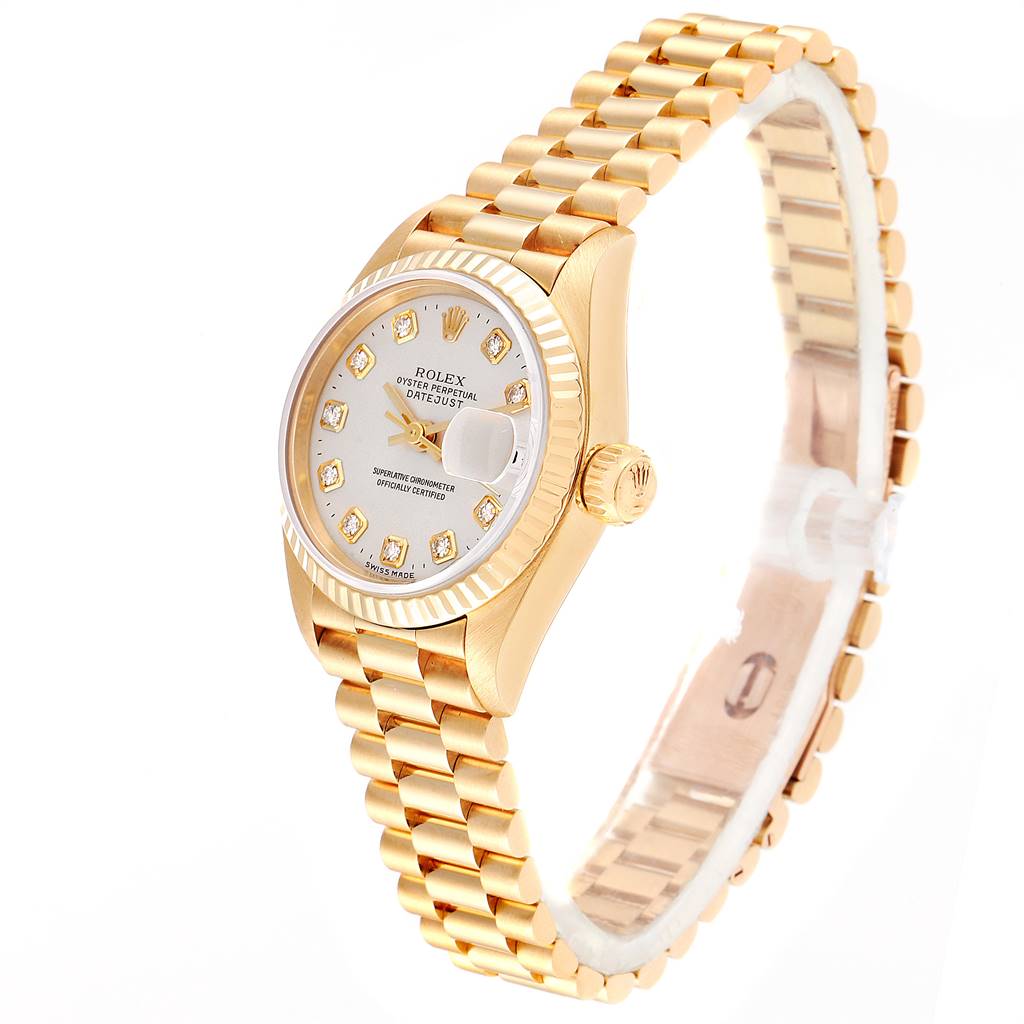 This image shows a Rolex President 69178 Women's Yellow Gold Silver Dial 69178 Women's Yellow Gold Silver Dial model watch at a side angle, displaying its gold bracelet, fluted bezel, and diamond hour markers.