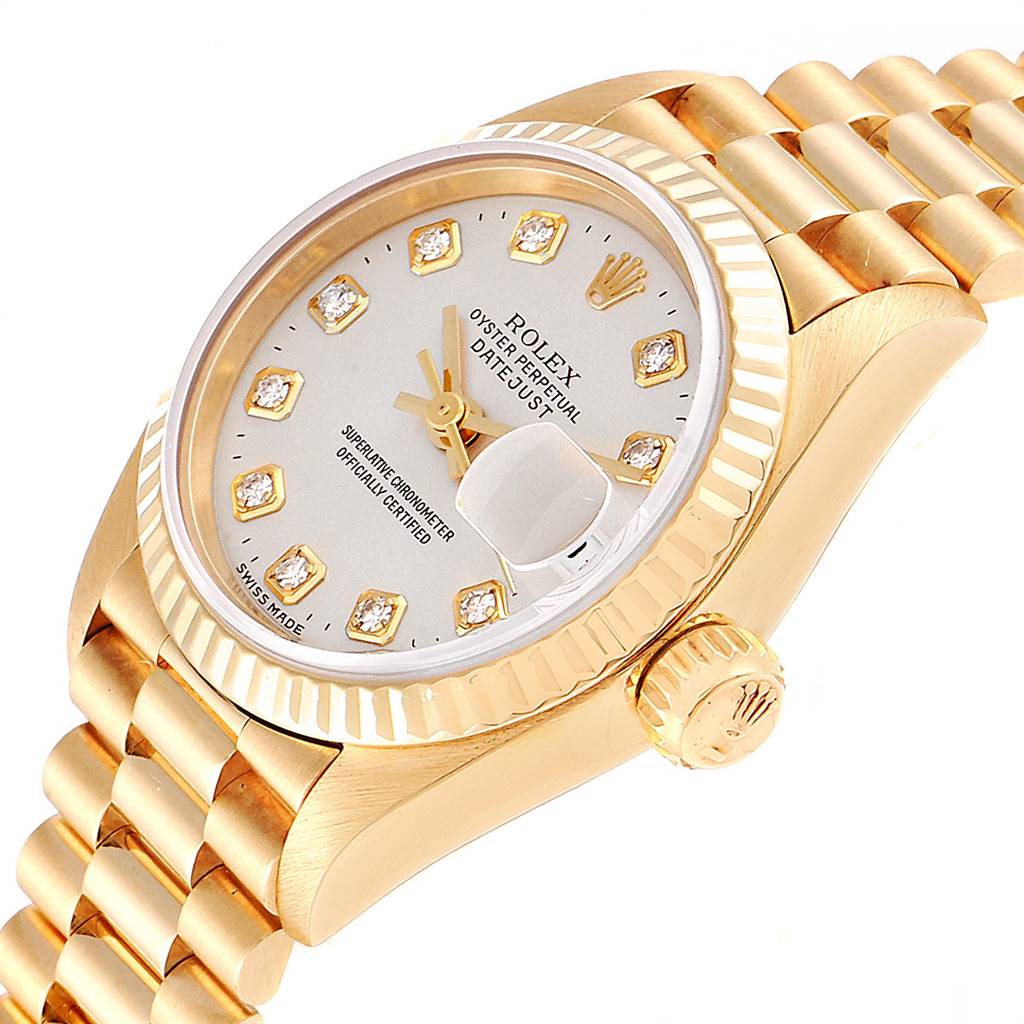 The image shows a close-up angle of the Rolex President 69178 Women's Yellow Gold Silver Dial 69178 Women's Yellow Gold Silver Dial watch, highlighting its dial, crown, and part of the bracelet.