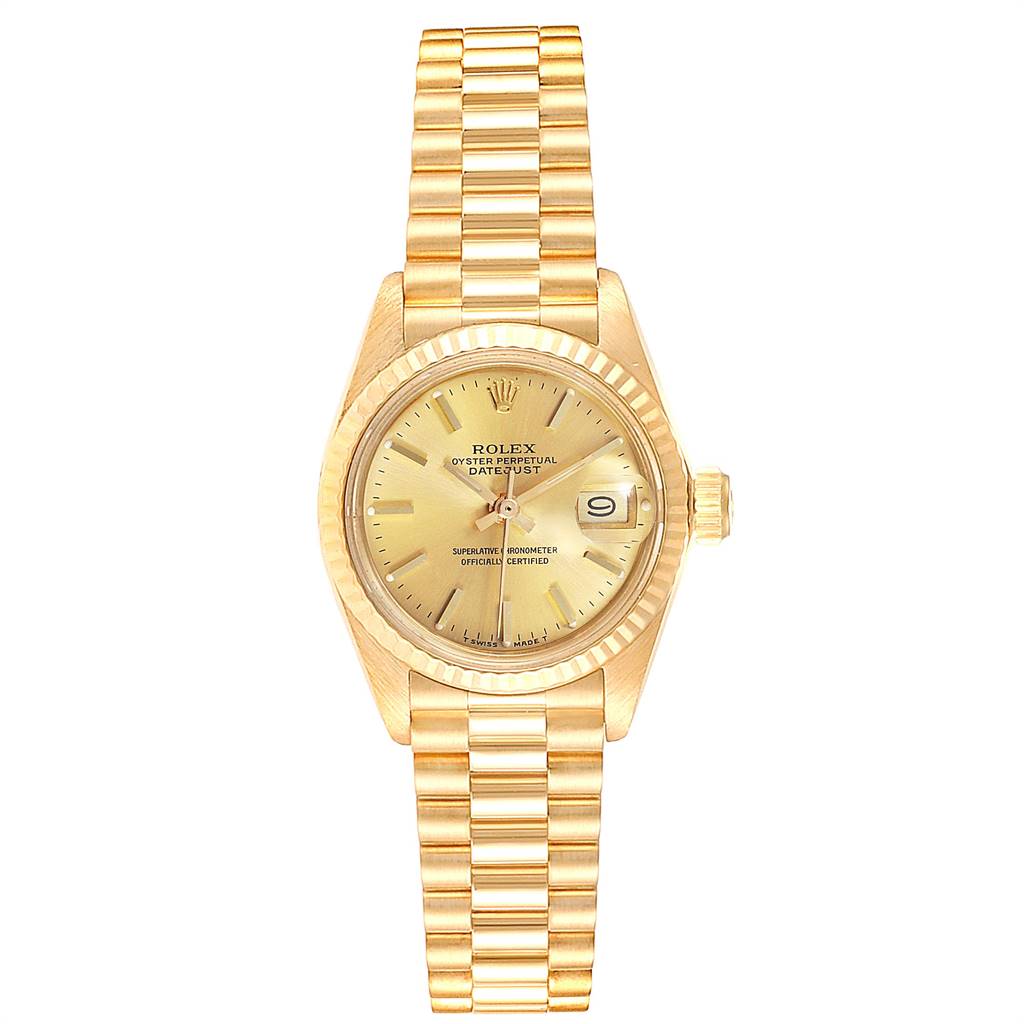 This Rolex President 6917 Women
s Yellow Gold Champagne Dial 6917 Women
s Yellow Gold Champagne Dial watch model is shown from a front angle, displaying the dial, bezel, and bracelet.