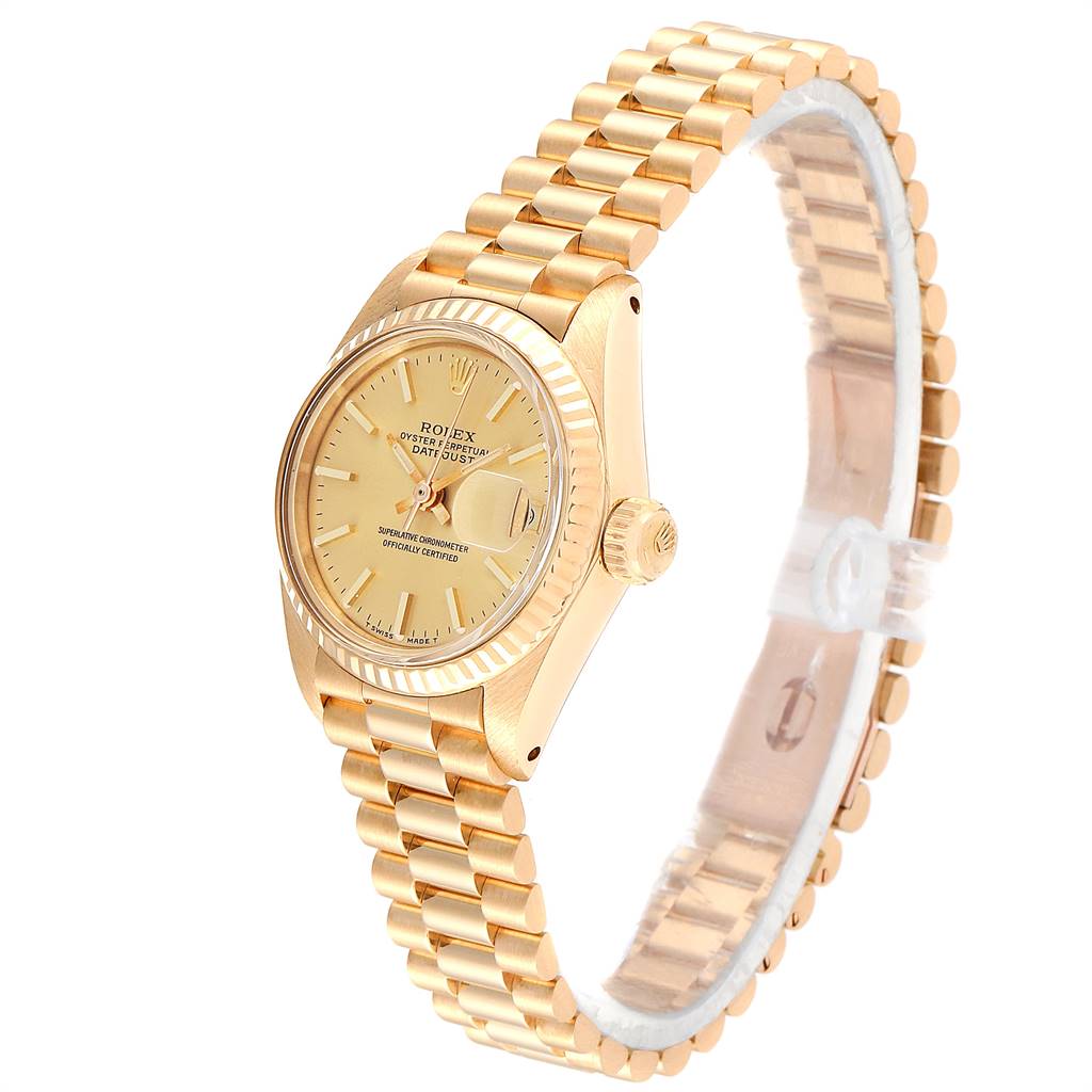 The image shows a Rolex President 6917 Women
s Yellow Gold Champagne Dial 6917 Women
s Yellow Gold Champagne Dial watch model from a front-side angle, highlighting the case, bracelet, and crown.
