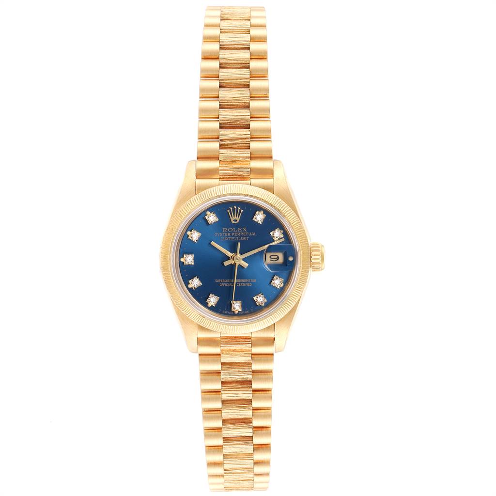 The image shows a Rolex President 69278 Women's Yellow Gold Blue Dial 69278 Women's Yellow Gold Blue Dial model watch, featuring the face, bezel, crown, and full bracelet, viewed from the front.