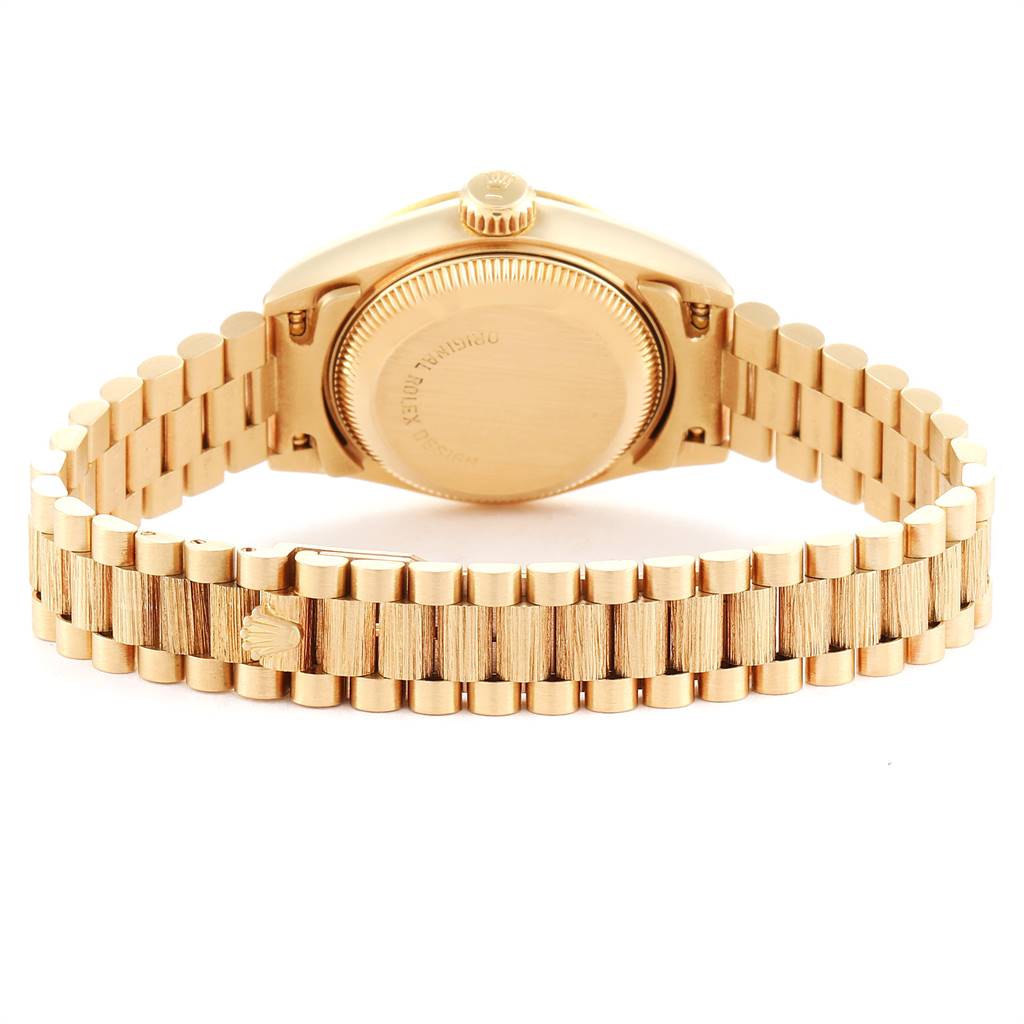 This image shows the back and bracelet of a Rolex President 69278 Women's Yellow Gold Blue Dial 69278 Women's Yellow Gold Blue Dial model watch, viewed from the rear angle.