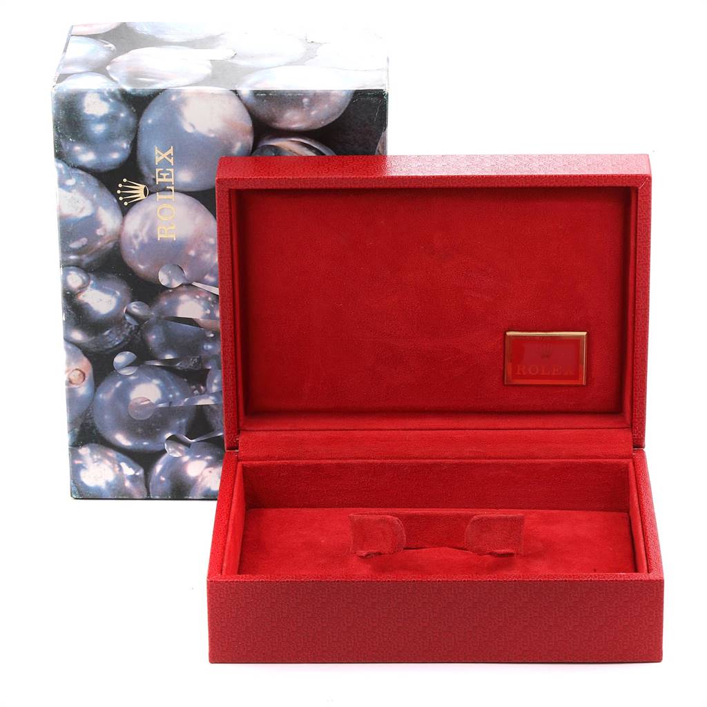 This image shows an open red watch box labeled Rolex, designed to hold the President model, with its outer decorative box behind it.