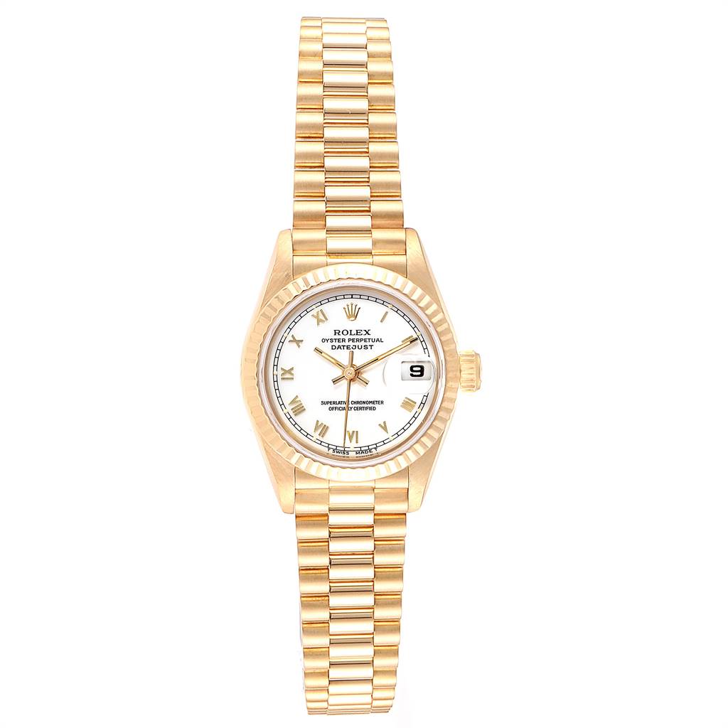 The image shows a Rolex President 69178 Women
s Yellow Gold White Dial 69178 Women
s Yellow Gold White Dial model watch from a top-down angle, displaying the full face and bracelet.