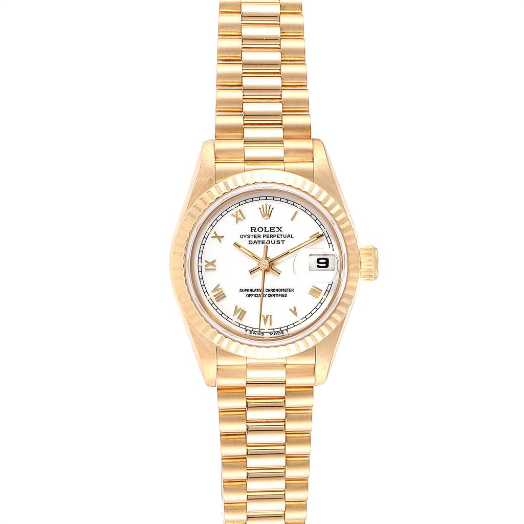 The image shows a frontal view of a Rolex President 69178 Women
s Yellow Gold White Dial 69178 Women
s Yellow Gold White Dial model watch, featuring its gold bracelet, dial, date window, and bezel.