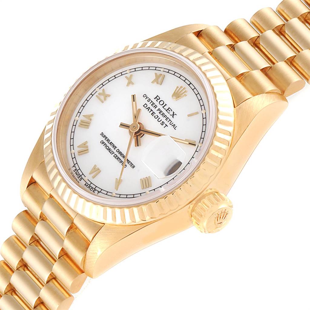 This image shows a Rolex President 69178 Women
s Yellow Gold White Dial 69178 Women
s Yellow Gold White Dial model watch at a slight angle, featuring the face, bezel, crown, and part of the bracelet.
