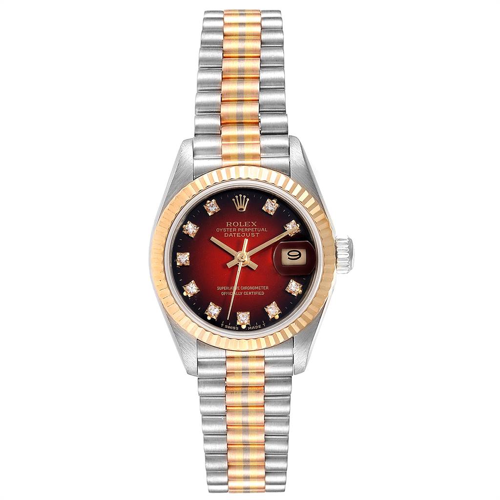 This image shows a Rolex President 69179 Women's White Gold Red Dial 69179 Women's White Gold Red Dial model watch from a top view, highlighting its bezel, dial, and bracelet.