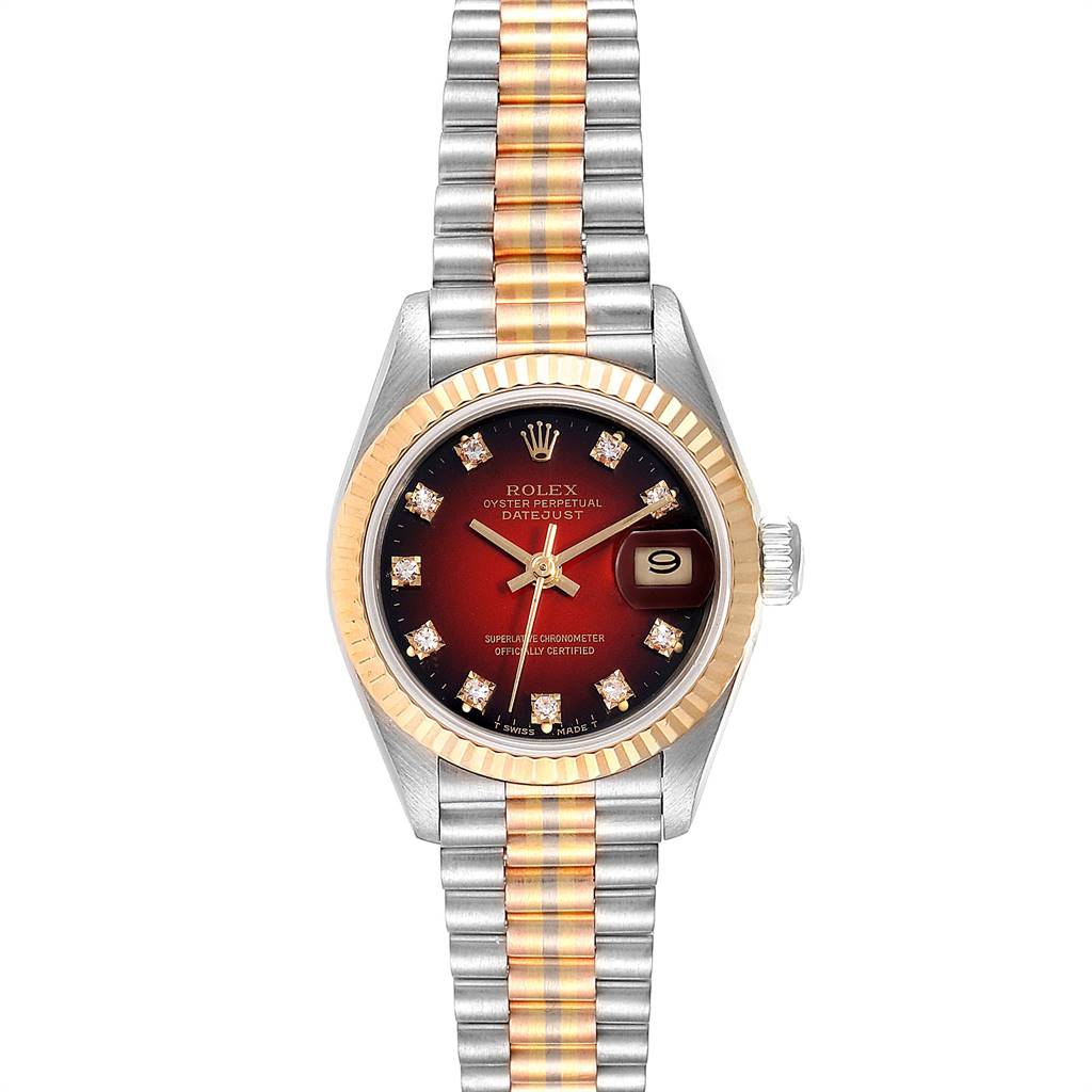 A frontal view of a Rolex President 69179 Women's White Gold Red Dial 69179 Women's White Gold Red Dial model watch showing the face, bezel, and two-tone bracelet.
