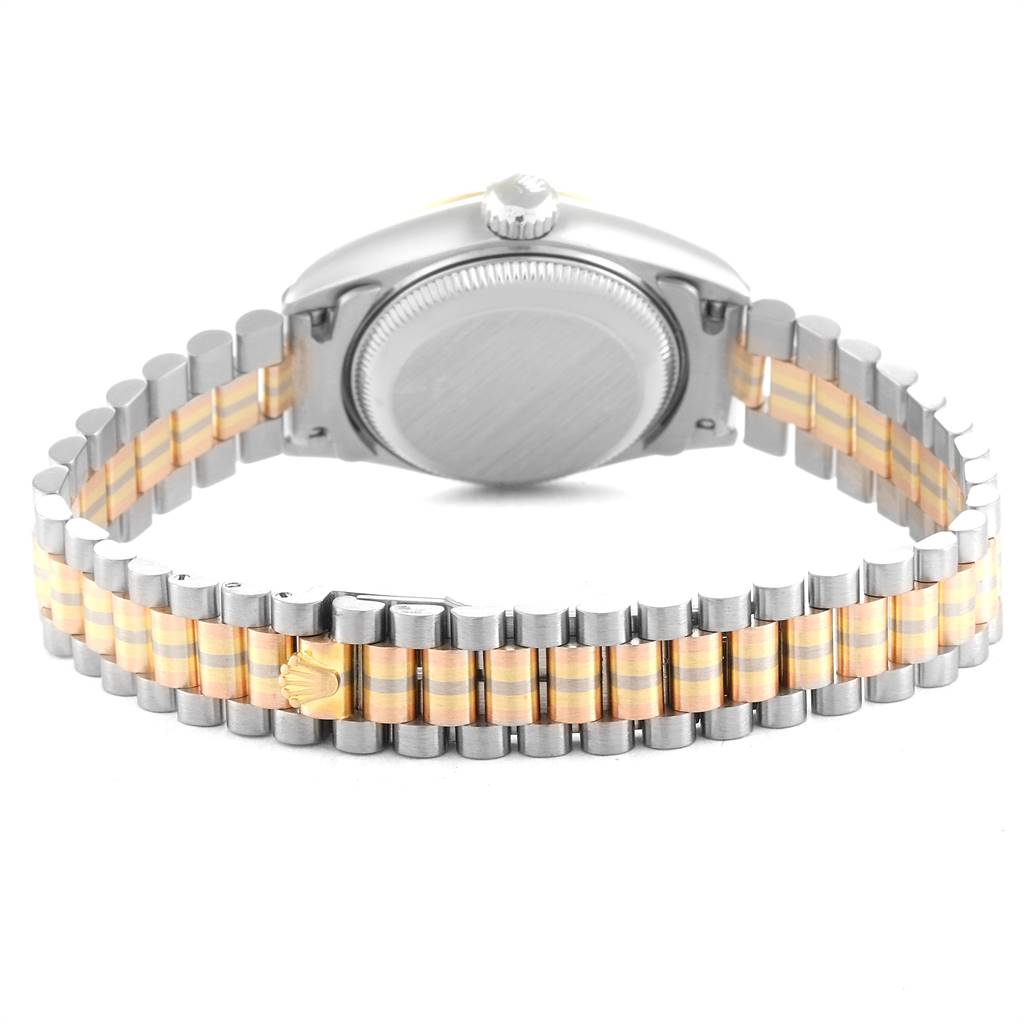 The image shows the back case and the two-tone bracelet of a Rolex President 69179 Women's White Gold Red Dial 69179 Women's White Gold Red Dial model watch, viewed from the rear.