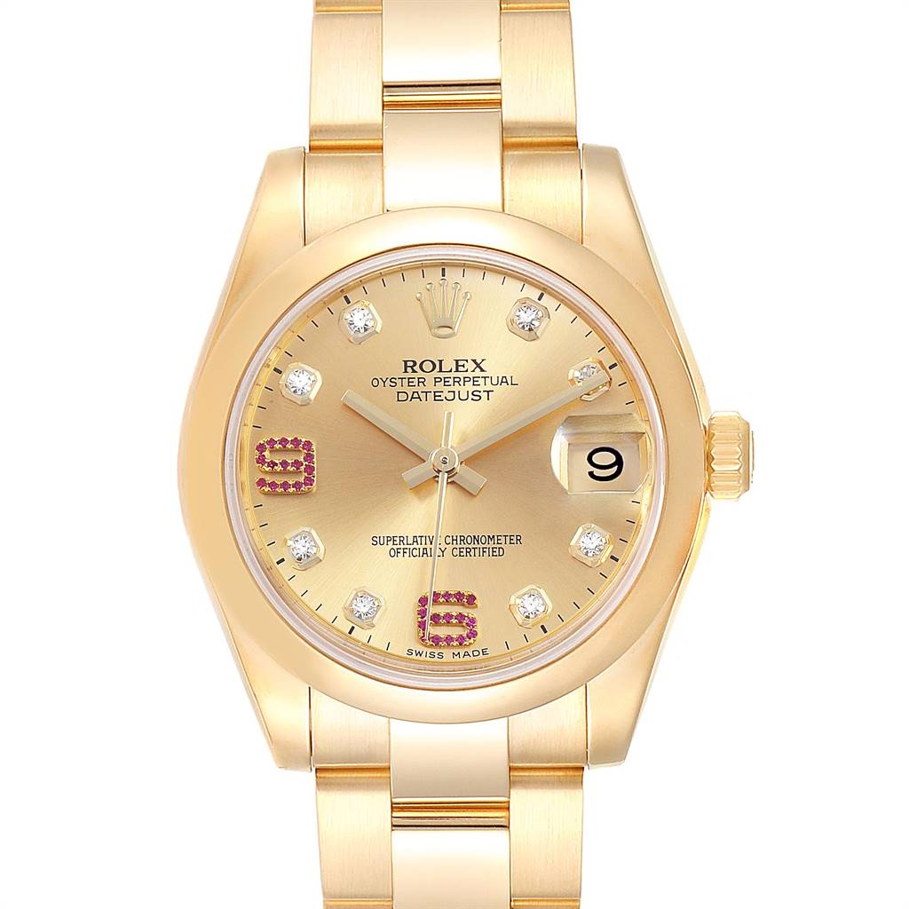 The image shows a front view of the Rolex President 178248 Women
s Yellow Gold Champagne Dial 178248 Women
s Yellow Gold Champagne Dial model watch, highlighting its gold bracelet and diamond-studded dial.