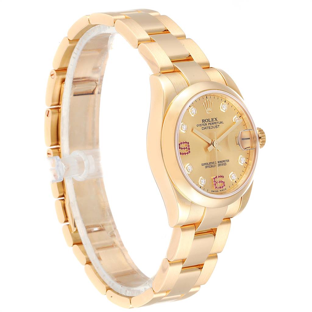 The image shows a gold Rolex President 178248 Women
s Yellow Gold Champagne Dial 178248 Women
s Yellow Gold Champagne Dial model watch at a slight side angle, displaying its bracelet, case, and dial.