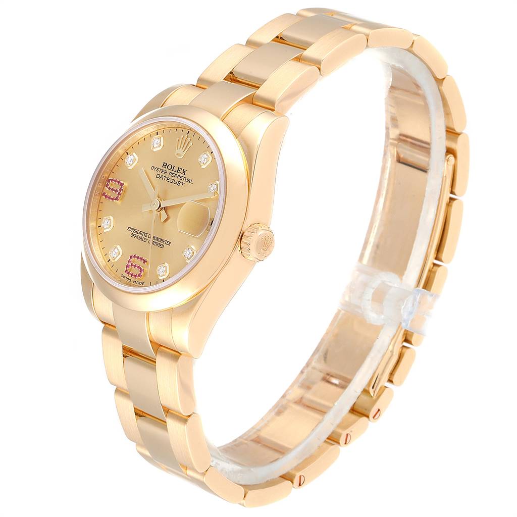 The image shows a side view of a Rolex President 178248 Women
s Yellow Gold Champagne Dial 178248 Women
s Yellow Gold Champagne Dial model watch, highlighting its gold band, crown, and dial with diamond indices.