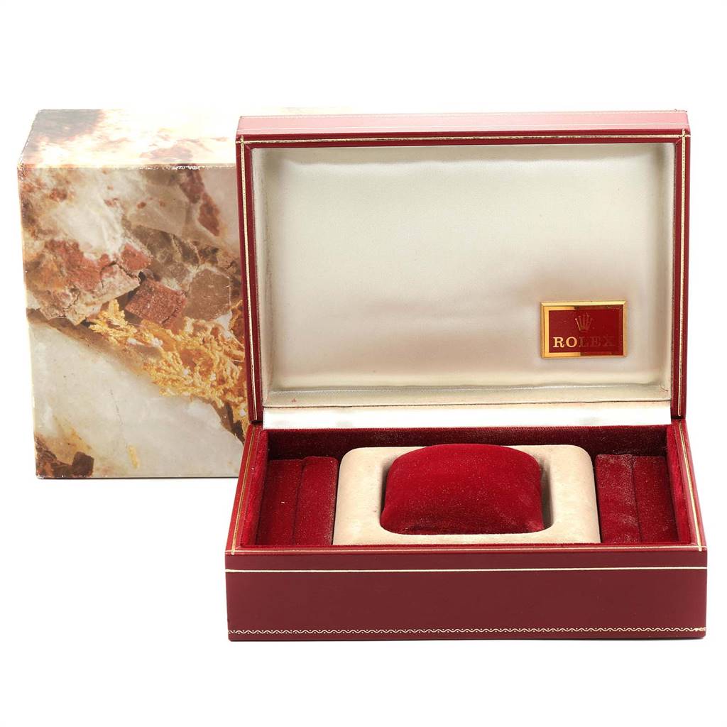 The image shows an open Rolex President 68278 Women
s Yellow Gold Champagne Dial 68278 Women
s Yellow Gold Champagne Dial model watch box made of red and beige materials, including a placeholder pillow.