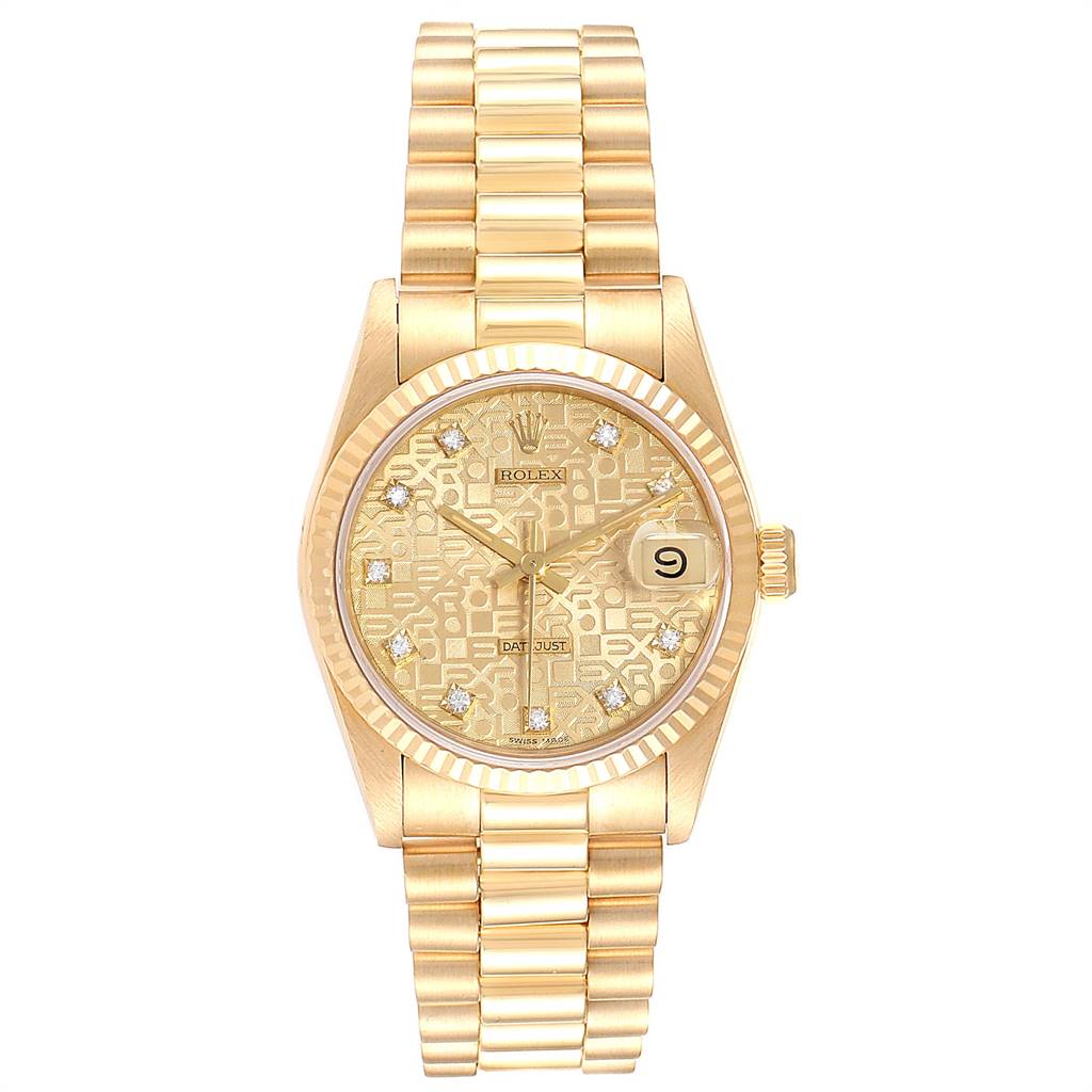 The image shows a front view of a gold Rolex President 68278 Women
s Yellow Gold Champagne Dial 68278 Women
s Yellow Gold Champagne Dial model watch, featuring a patterned dial, date display, and linked bracelet.