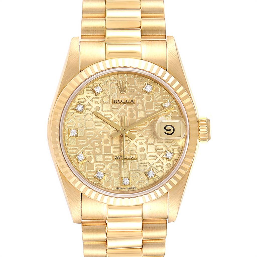 The image shows a front view of a Rolex President 68278 Women
s Yellow Gold Champagne Dial 68278 Women
s Yellow Gold Champagne Dial watch, highlighting its gold dial, diamond markers, and date window at 3 o
clock.