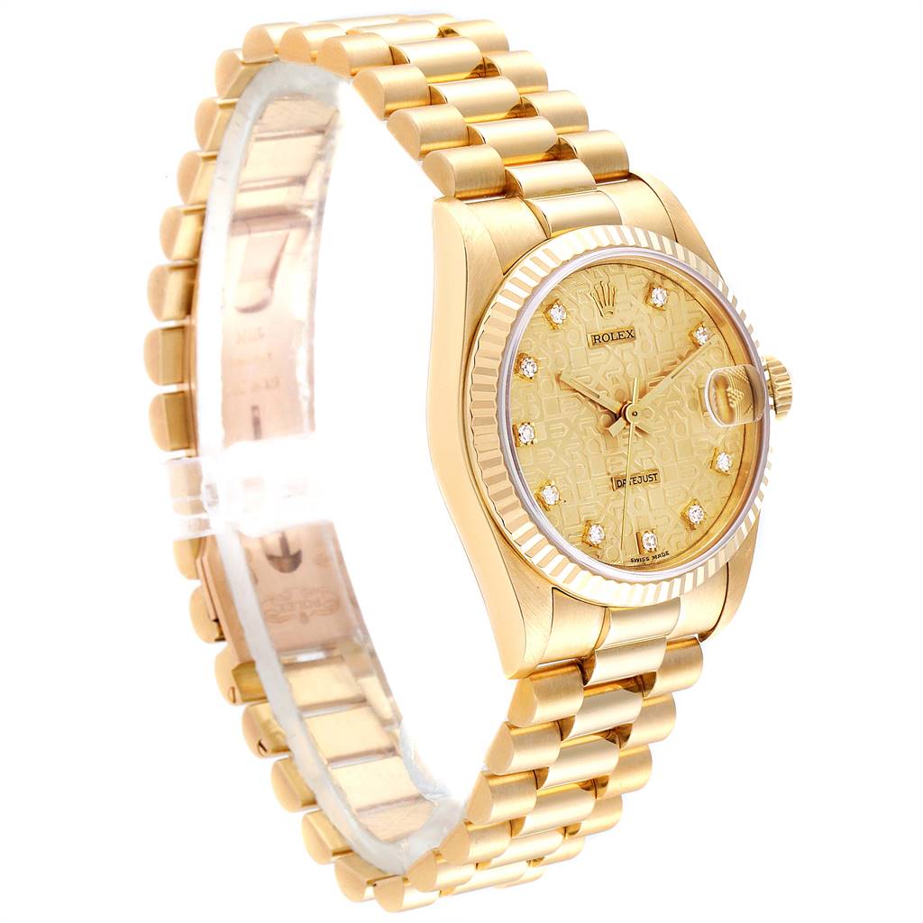 This image shows a side angle of the Rolex President 68278 Women
s Yellow Gold Champagne Dial 68278 Women
s Yellow Gold Champagne Dial watch, highlighting the gold bracelet, bezel, and diamond-set dial.