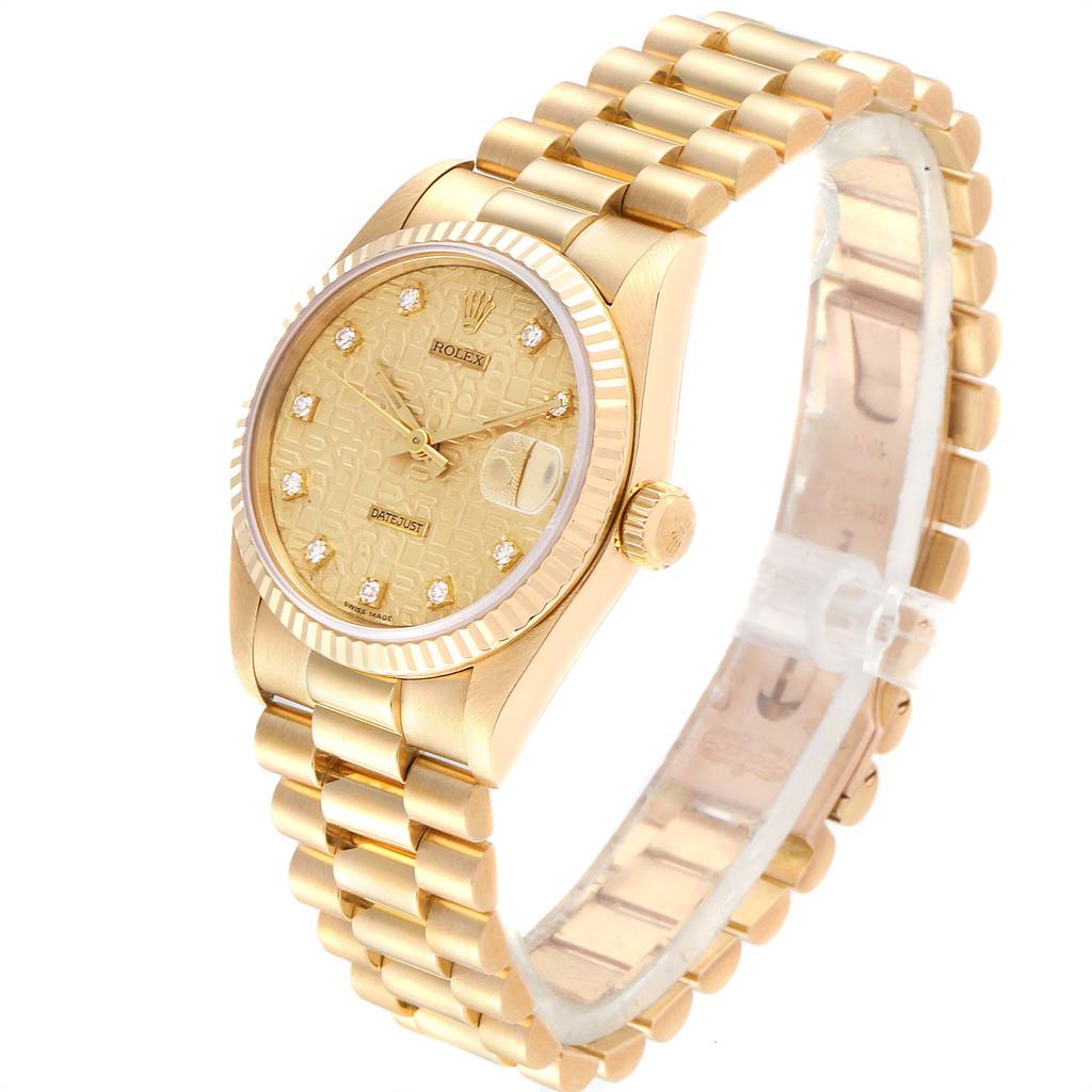 The image shows a Rolex President 68278 Women
s Yellow Gold Champagne Dial 68278 Women
s Yellow Gold Champagne Dial watch at a three-quarter angle, highlighting the face, case, and bracelet.