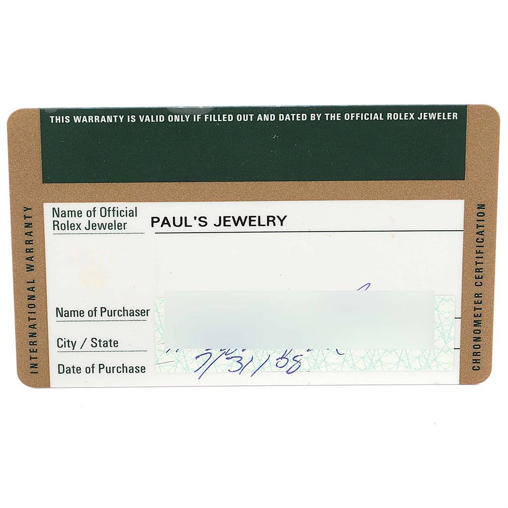 The image shows an International Warranty card for a Rolex President 178158 Women
s Yellow Gold Mother of Pearl Dial 178158 Women
s Yellow Gold Mother of Pearl Dial model watch from Paul
s Jewelry. 