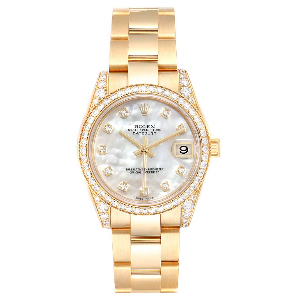 The image shows a front view of a Rolex President 178158 Women
s Yellow Gold Mother of Pearl Dial 178158 Women
s Yellow Gold Mother of Pearl Dial model watch, displaying the dial, bezel, bracelet, and date window.