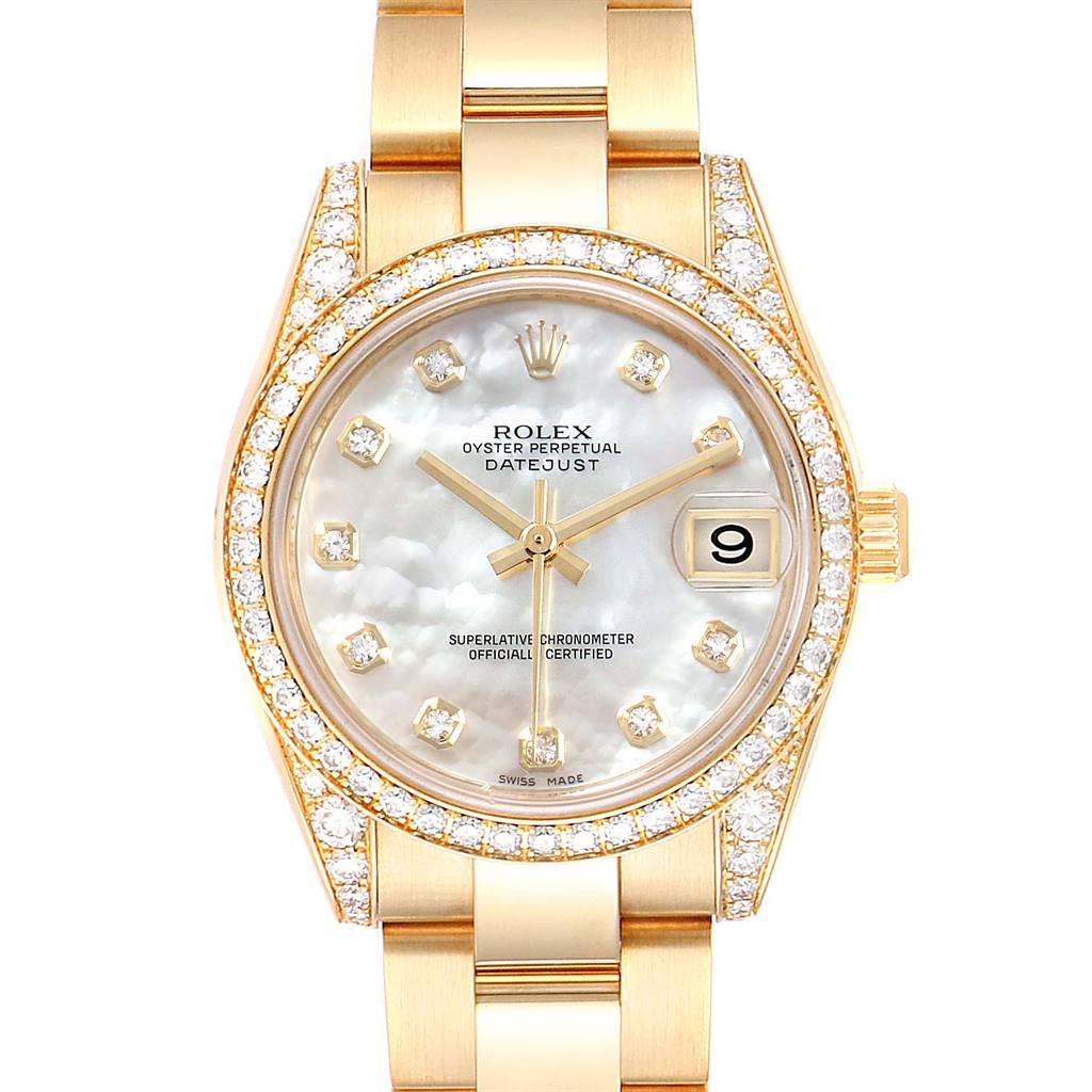 This Rolex President 178158 Women
s Yellow Gold Mother of Pearl Dial 178158 Women
s Yellow Gold Mother of Pearl Dial model watch is shown from a front angle, highlighting its diamond-studded bezel, mother-of-pearl dial, and gold bracelet.