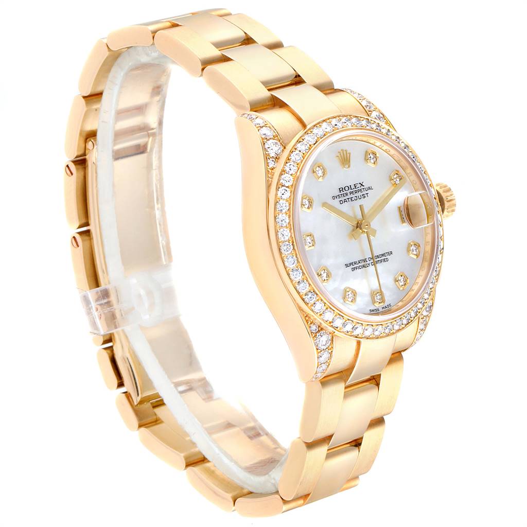 The image shows a Rolex President 178158 Women
s Yellow Gold Mother of Pearl Dial 178158 Women
s Yellow Gold Mother of Pearl Dial model watch at a three-quarter angle, highlighting its gold bracelet, diamond bezel, and dial.