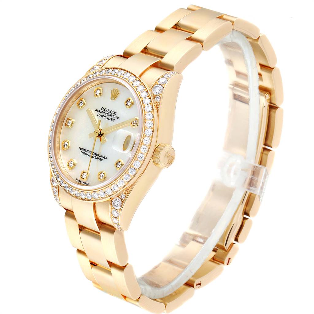 The image displays a Rolex President 178158 Women
s Yellow Gold Mother of Pearl Dial 178158 Women
s Yellow Gold Mother of Pearl Dial model watch at an oblique angle, showcasing its face, bezel, and part of the bracelet.