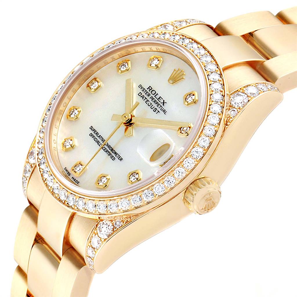 The image shows a close-up side angle of the Rolex President 178158 Women
s Yellow Gold Mother of Pearl Dial 178158 Women
s Yellow Gold Mother of Pearl Dial watch, highlighting its diamond bezel, crown, and dial.