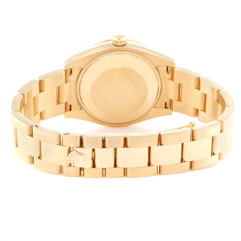 The image shows the case back and bracelet of a Rolex President 178158 Women
s Yellow Gold Mother of Pearl Dial 178158 Women
s Yellow Gold Mother of Pearl Dial model watch from a rear angle.
