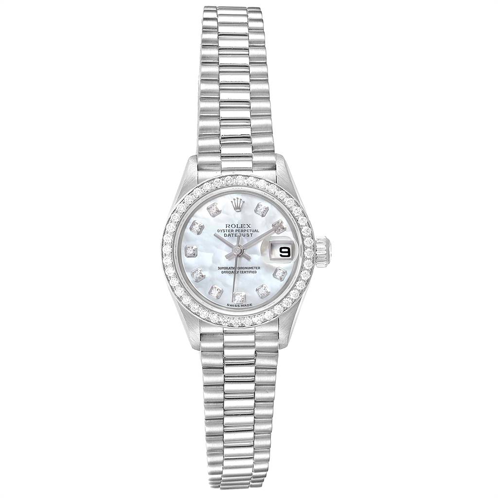 This is a front angle view of a Rolex President 79136 Women's Platinum Mother of Pearl Dial 79136 Women's Platinum Mother of Pearl Dial model watch, showcasing its dial, bezel, and bracelet.