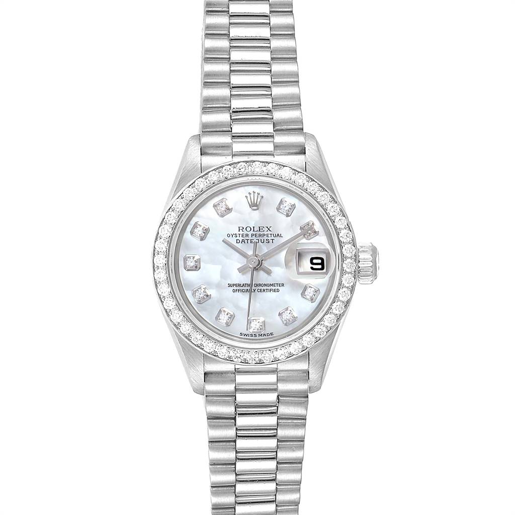 This image shows a Rolex President 79136 Women's Platinum Mother of Pearl Dial 79136 Women's Platinum Mother of Pearl Dial model watch with a diamond-encrusted bezel, bracelet, and date display, viewed from the front.