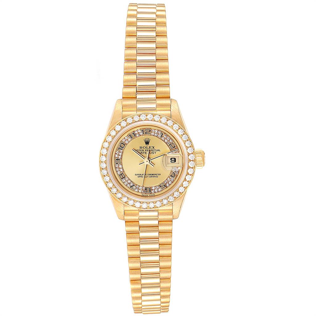 This image shows a Rolex President 69178 Women
s Yellow Gold Champagne Dial 69178 Women
s Yellow Gold Champagne Dial model watch from a front angle, highlighting its face, bezel, and bracelet.