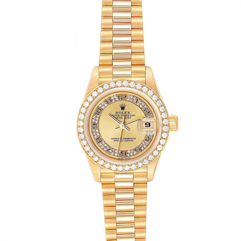 This Rolex President 69178 Women
s Yellow Gold Champagne Dial 69178 Women
s Yellow Gold Champagne Dial model is shown from a top-down angle, displaying its face, bezel, and bracelet.